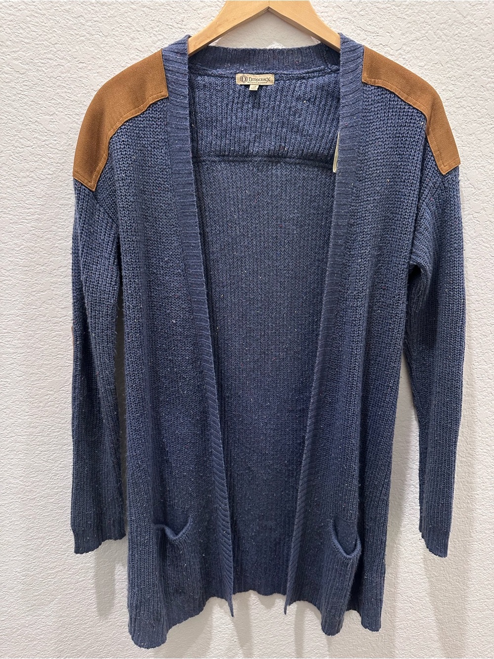 Democracy Womens Blue Marl Knit Open Front Cardigan Brown Elbow Shoulder Patches